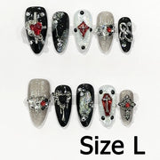 Handmade Almond Nail Art Silver Cat Eye Ink Wash Marble Sparkly Piled Rhinestone Black Chic False Nails Reusable Press on Nails
