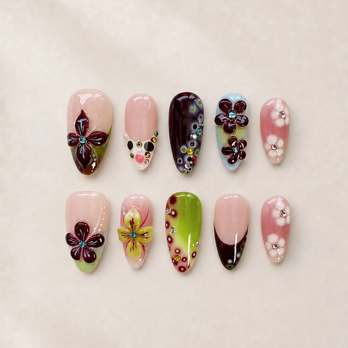 24PCS Tropical Green Polka Dots French False Nails 3D Pink Flowers with Silver Swirl Patterns Almond Press on Nails High Quality