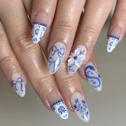 Blue Ink Wash Painting Lycoris Lily Classical Gold Curve Line Finished False Nail Press on Nail Manicure Fake Nail
