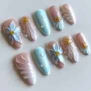 24pcs Pink Flower Almond Press on Nails Kawaii False Nails Wearable Stick-on Nails Fake Nail