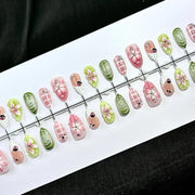 24PCS Tropical Green Polka Dots French False Nails 3D Pink Flowers with Silver Swirl Patterns Almond Press on Nails High Quality