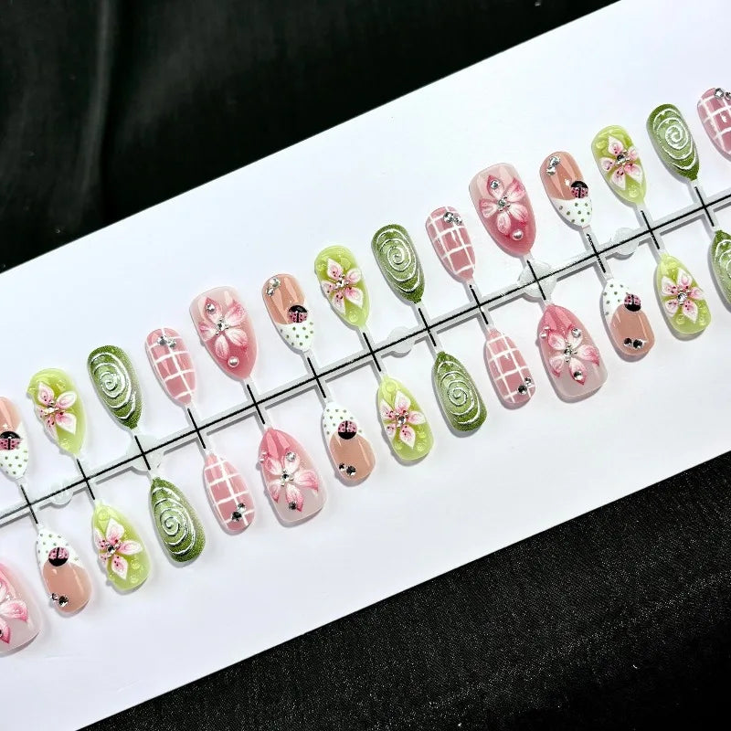24PCS Tropical Green Polka Dots French False Nails 3D Pink Flowers with Silver Swirl Patterns Almond Press on Nails High Quality