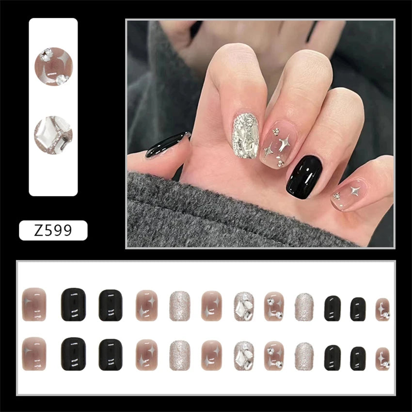 24Pcs/Set Wearing Short Fake Nails for Girls Press on Nail Tips Full Cover Acrylic with Diamonds False Nails Art Free Shipping