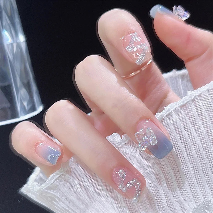24Pcs/Set Wearing Short Fake Nails for Girls Press on Nail Tips Full Cover Acrylic with Diamonds False Nails Art Free Shipping