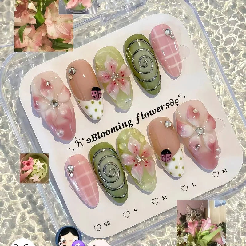 24PCS Tropical Green Polka Dots French False Nails 3D Pink Flowers with Silver Swirl Patterns Almond Press on Nails High Quality