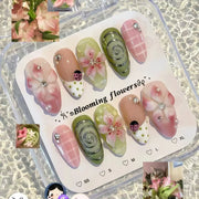 24PCS Tropical Green Polka Dots French False Nails 3D Pink Flowers with Silver Swirl Patterns Almond Press on Nails High Quality