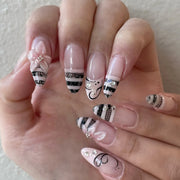 24PCS Tropical Green Polka Dots French False Nails 3D Pink Flowers with Silver Swirl Patterns Almond Press on Nails High Quality
