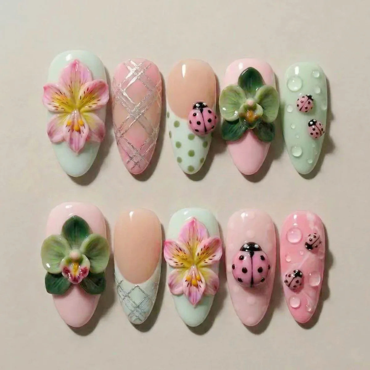 24PCS Tropical Green Polka Dots French False Nails 3D Pink Flowers with Silver Swirl Patterns Almond Press on Nails High Quality