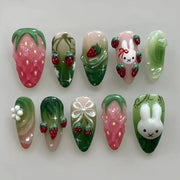 24PCS Tropical Green Polka Dots French False Nails 3D Pink Flowers with Silver Swirl Patterns Almond Press on Nails High Quality