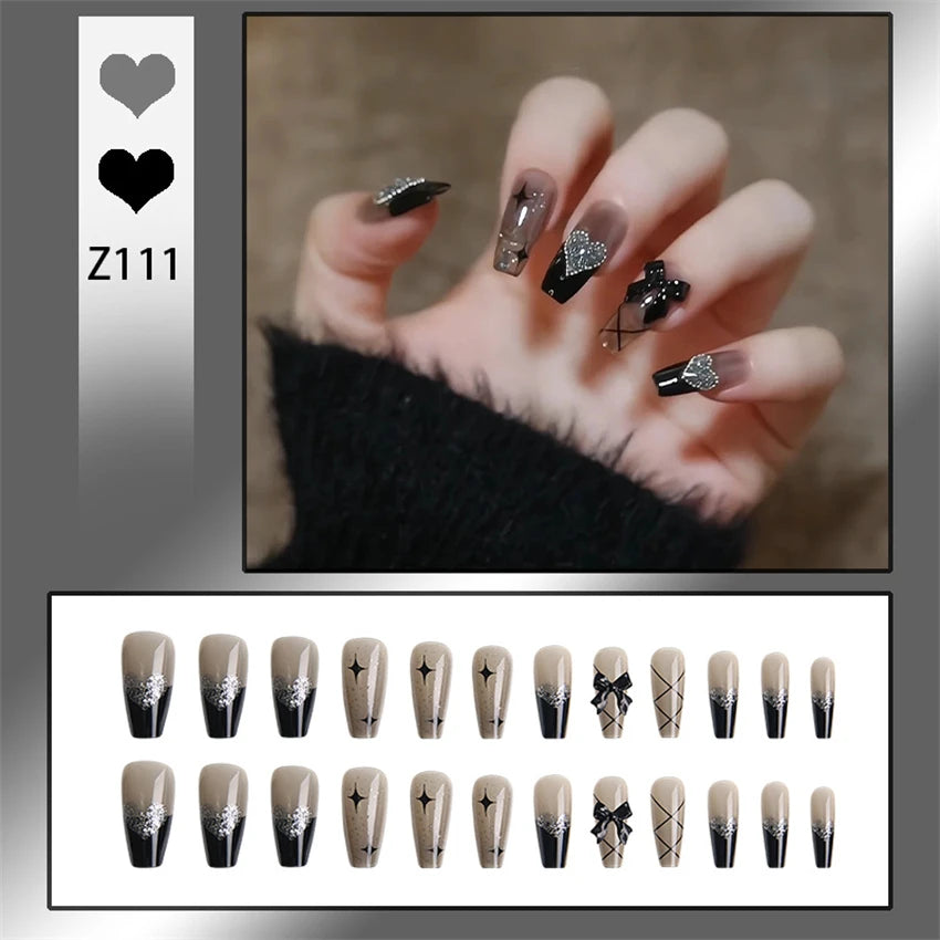 24Pcs/Set Wearing Short Fake Nails for Girls Press on Nail Tips Full Cover Acrylic with Diamonds False Nails Art Free Shipping