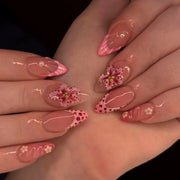 Pink Peach Blossom Polka Dot Lace Gauze Gold Ring Bead Rhinestone Finished False Nail Wearable Press on Nails Manicure Fake Nail