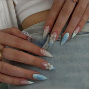 Blue Ink Wash Painting Lycoris Lily Classical Gold Curve Line Finished False Nail Press on Nail Manicure Fake Nail