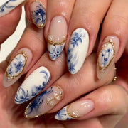 Blue Ink Wash Painting Lycoris Lily Classical Gold Curve Line Finished False Nail Press on Nail Manicure Fake Nail