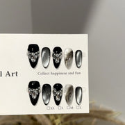Handmade Almond Nail Art Silver Cat Eye Ink Wash Marble Sparkly Piled Rhinestone Black Chic False Nails Reusable Press on Nails