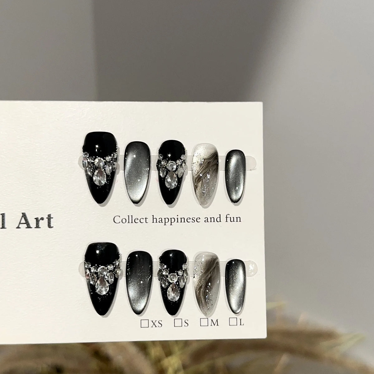Handmade Almond Nail Art Silver Cat Eye Ink Wash Marble Sparkly Piled Rhinestone Black Chic False Nails Reusable Press on Nails