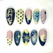 24PCS Tropical Green Polka Dots French False Nails 3D Pink Flowers with Silver Swirl Patterns Almond Press on Nails High Quality