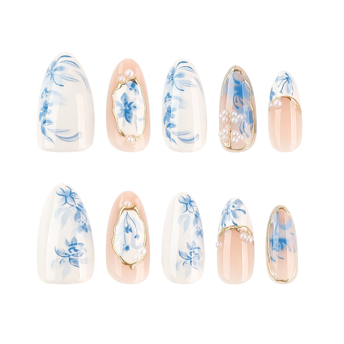 Blue Ink Wash Painting Lycoris Lily Classical Gold Curve Line Finished False Nail Press on Nail Manicure Fake Nail