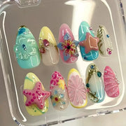 24PCS Tropical Green Polka Dots French False Nails 3D Pink Flowers with Silver Swirl Patterns Almond Press on Nails High Quality