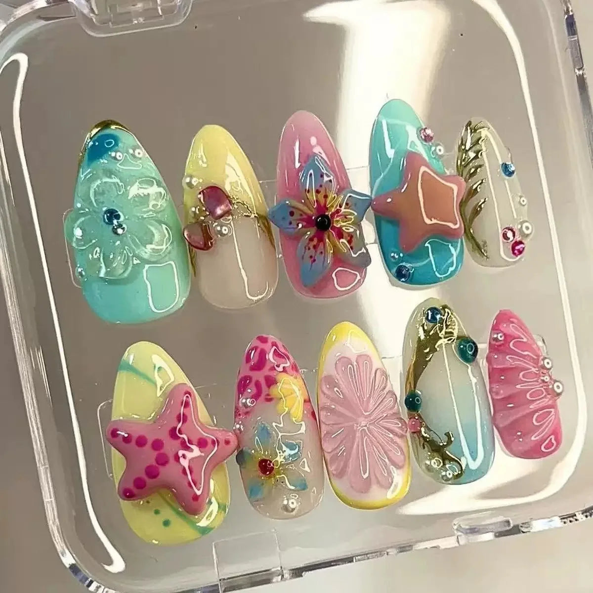 24PCS Tropical Green Polka Dots French False Nails 3D Pink Flowers with Silver Swirl Patterns Almond Press on Nails High Quality