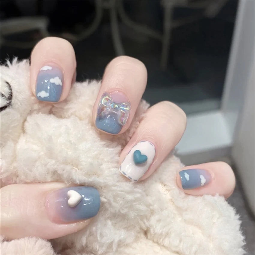 24Pcs/Set Wearing Short Fake Nails for Girls Press on Nail Tips Full Cover Acrylic with Diamonds False Nails Art Free Shipping