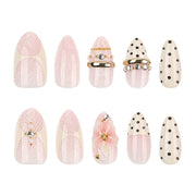 Pink Peach Blossom Polka Dot Lace Gauze Gold Ring Bead Rhinestone Finished False Nail Wearable Press on Nails Manicure Fake Nail