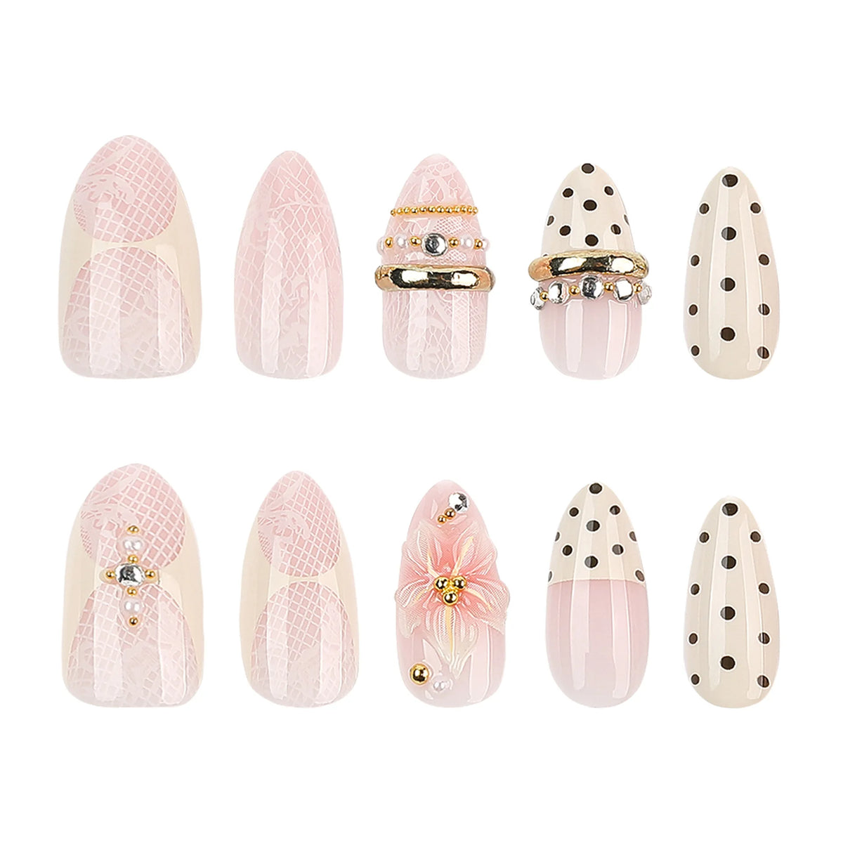 Pink Peach Blossom Polka Dot Lace Gauze Gold Ring Bead Rhinestone Finished False Nail Wearable Press on Nails Manicure Fake Nail