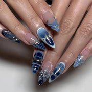 24pcs Sweet & Edgy Metallic Fake Nails 3D Silver-Plated Heart Gradient Press on Nail Almond Full Coverage Nail for Women&Girl