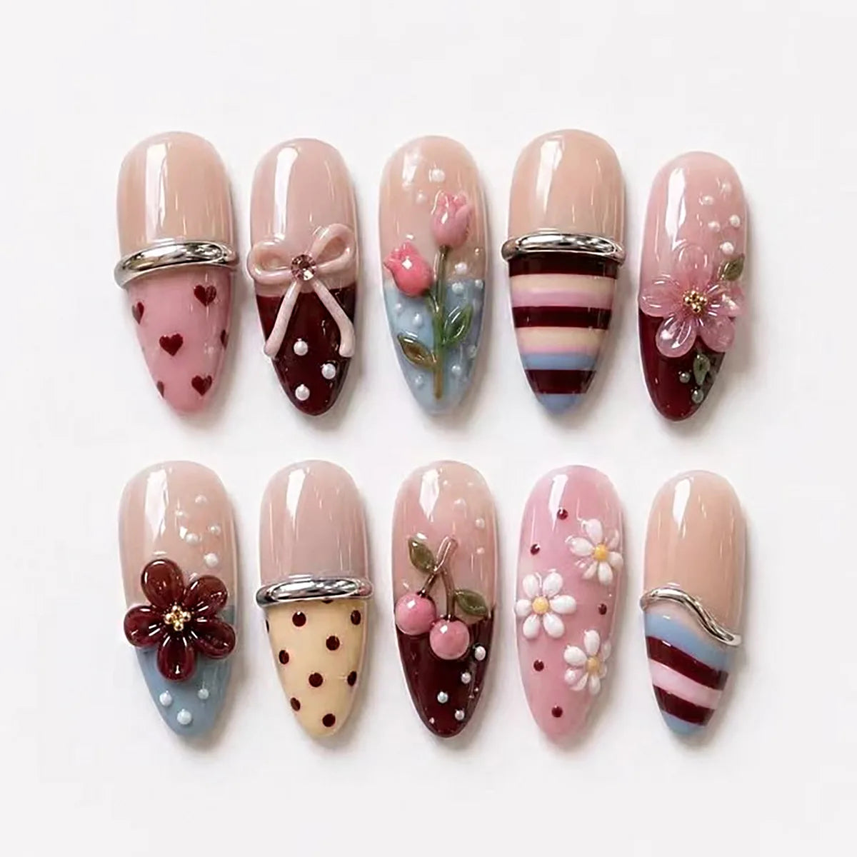 24PCS Tropical Green Polka Dots French False Nails 3D Pink Flowers with Silver Swirl Patterns Almond Press on Nails High Quality