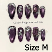 Handmade Almond Nail Art Silver Cat Eye Ink Wash Marble Sparkly Piled Rhinestone Black Chic False Nails Reusable Press on Nails