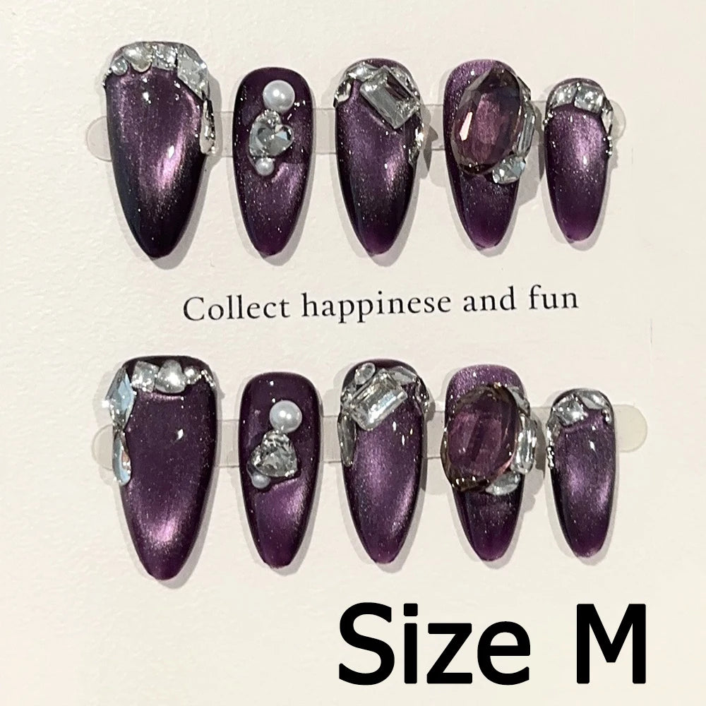 Handmade Almond Nail Art Silver Cat Eye Ink Wash Marble Sparkly Piled Rhinestone Black Chic False Nails Reusable Press on Nails