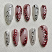 24pcs Sweet & Edgy Metallic Fake Nails 3D Silver-Plated Heart Gradient Press on Nail Almond Full Coverage Nail for Women&Girl