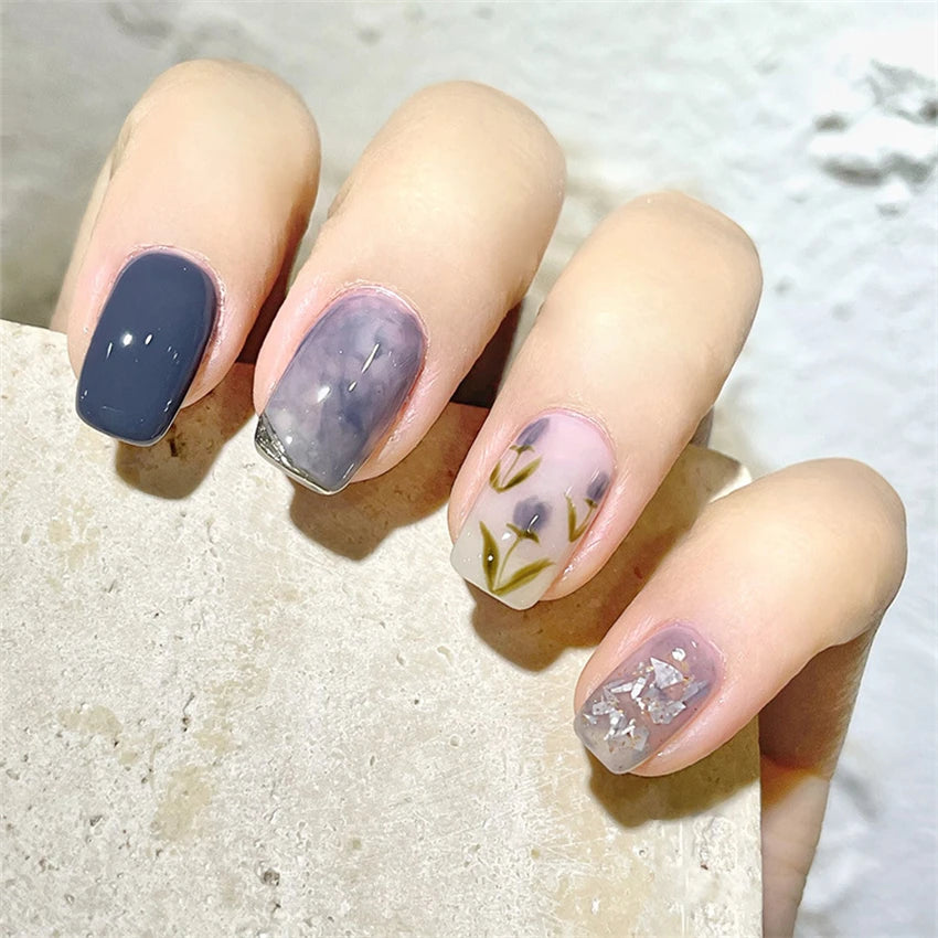 24Pcs/Set Wearing Short Fake Nails for Girls Press on Nail Tips Full Cover Acrylic with Diamonds False Nails Art Free Shipping