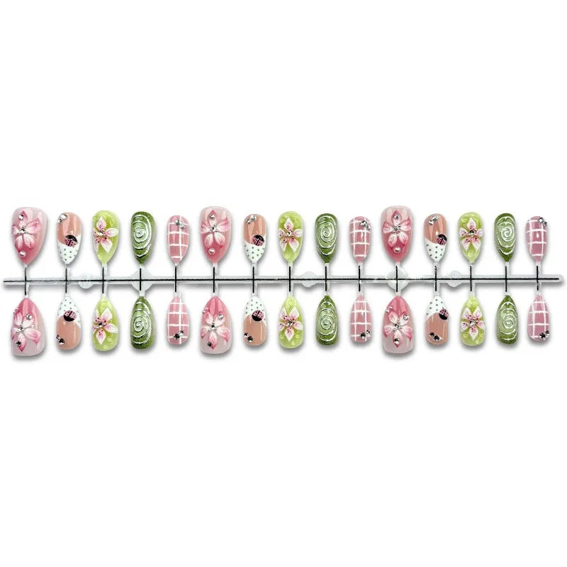 24PCS Tropical Green Polka Dots French False Nails 3D Pink Flowers with Silver Swirl Patterns Almond Press on Nails High Quality
