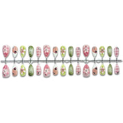 24PCS Tropical Green Polka Dots French False Nails 3D Pink Flowers with Silver Swirl Patterns Almond Press on Nails High Quality