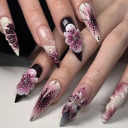 Pink Peach Blossom Polka Dot Lace Gauze Gold Ring Bead Rhinestone Finished False Nail Wearable Press on Nails Manicure Fake Nail