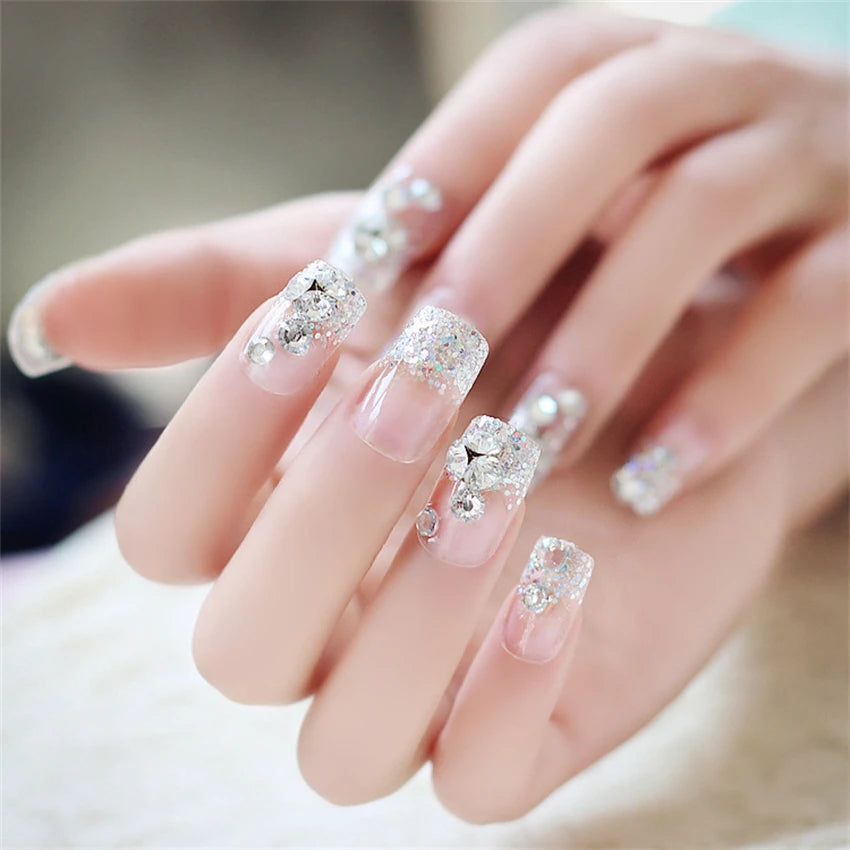 24Pcs/Set Wearing Short Fake Nails for Girls Press on Nail Tips Full Cover Acrylic with Diamonds False Nails Art Free Shipping
