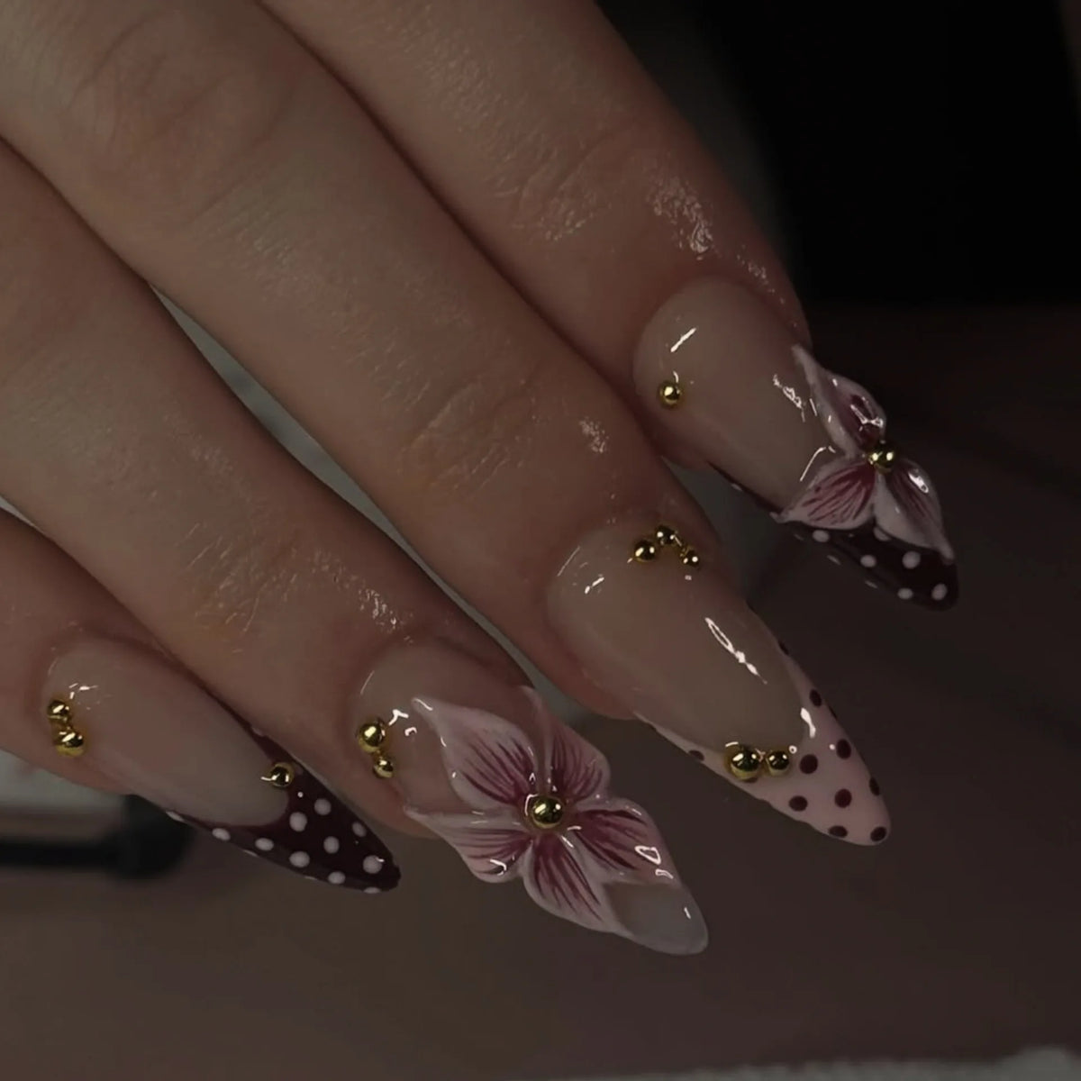 Pink Peach Blossom Polka Dot Lace Gauze Gold Ring Bead Rhinestone Finished False Nail Wearable Press on Nails Manicure Fake Nail