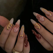Pink Peach Blossom Polka Dot Lace Gauze Gold Ring Bead Rhinestone Finished False Nail Wearable Press on Nails Manicure Fake Nail