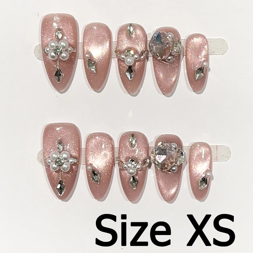 Handmade Almond Nail Art Silver Cat Eye Ink Wash Marble Sparkly Piled Rhinestone Black Chic False Nails Reusable Press on Nails