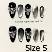 Handmade Almond Nail Art Silver Cat Eye Ink Wash Marble Sparkly Piled Rhinestone Black Chic False Nails Reusable Press on Nails