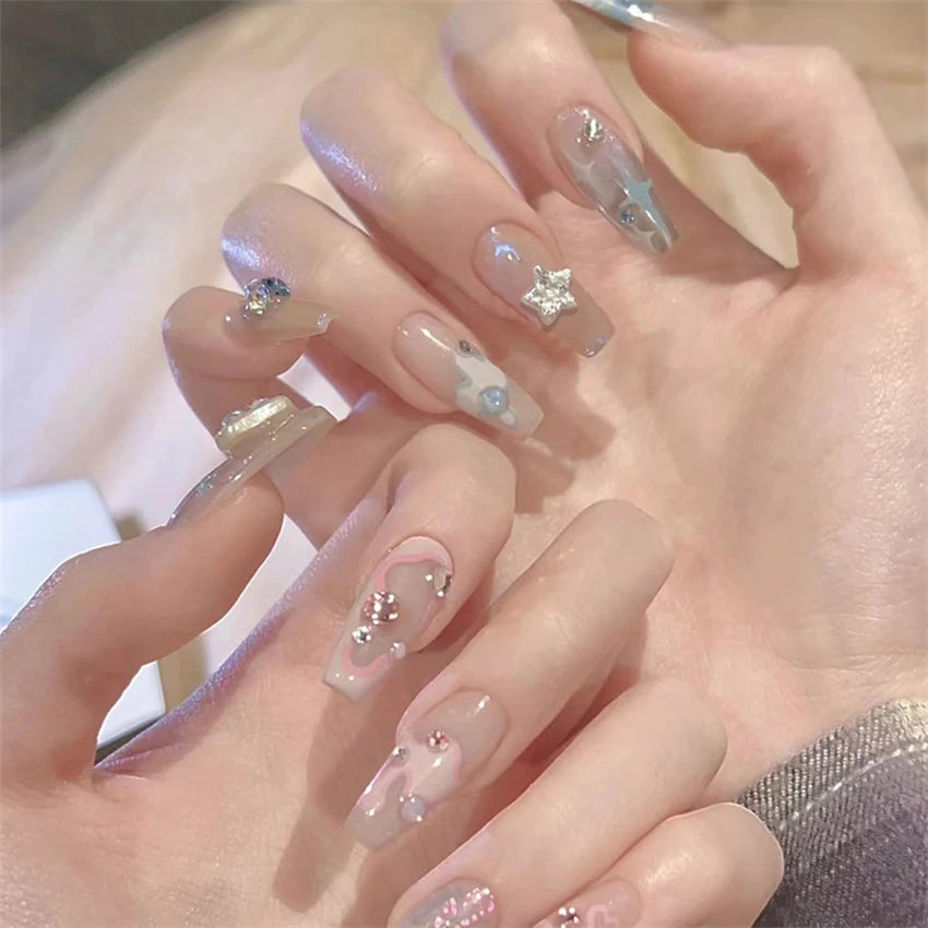 24Pcs/Set Wearing Short Fake Nails for Girls Press on Nail Tips Full Cover Acrylic with Diamonds False Nails Art Free Shipping