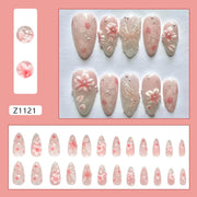 24pcs Pink Flower Almond Press on Nails Kawaii False Nails Wearable Stick-on Nails Fake Nail