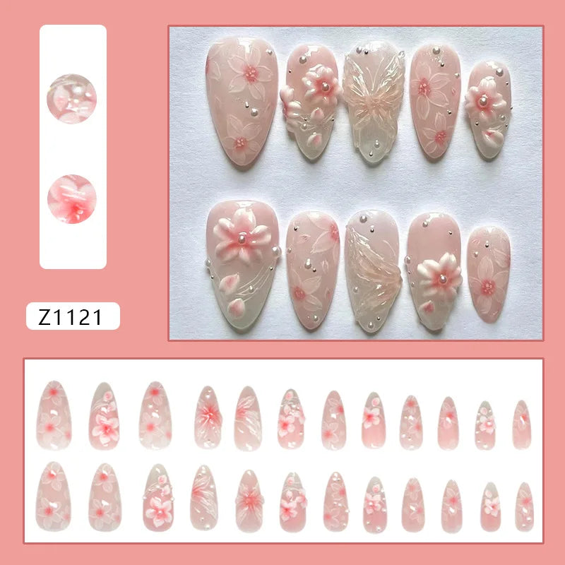 24pcs Pink Flower Almond Press on Nails Kawaii False Nails Wearable Stick-on Nails Fake Nail